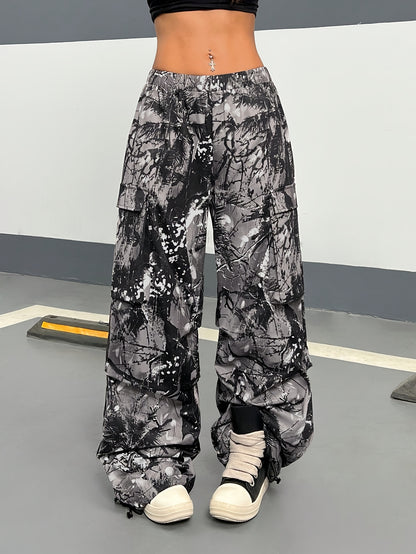 Wide Leg Casual Pants, Plant Print, All-Season Drawstring Waist with Belt & Woven Fabric