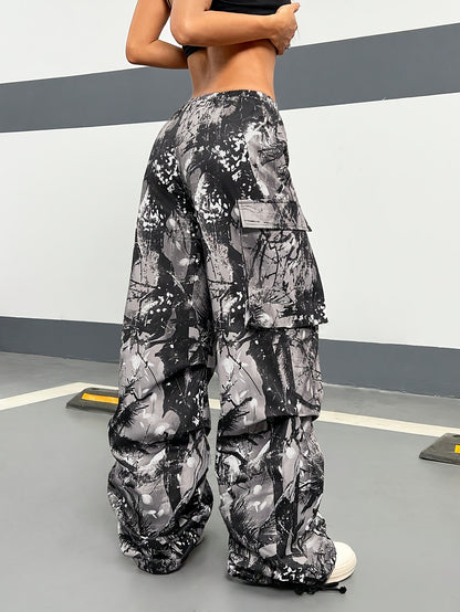 Wide Leg Casual Pants, Plant Print, All-Season Drawstring Waist with Belt & Woven Fabric