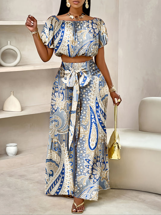 Paisley Print Edge Off Shoulder Short Top and Wide Leg Pants Set