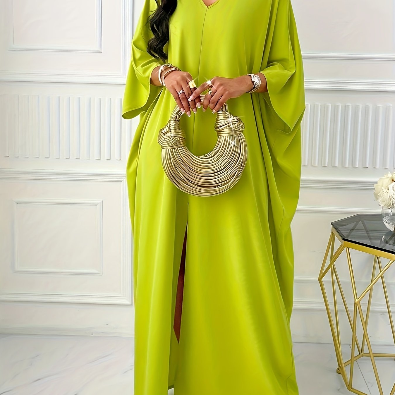 Elegant Solid Color V-Neck Cap Sleeve Side Slit Tunic Dress for Women