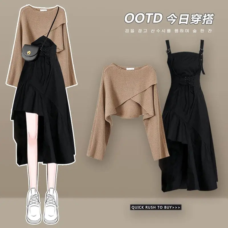 2 Pcs Short Knitted Sweater + Irregular Sexy Strap Skirt