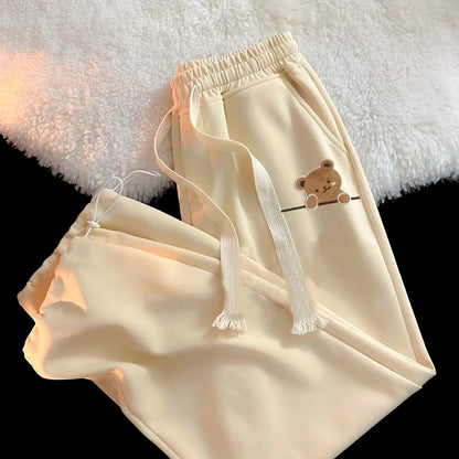 Cute Bear Print Drawstring Casual Pants