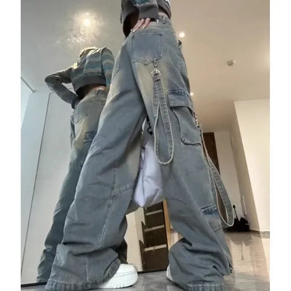 Female Spliced Pockets Cargo Jean Pants