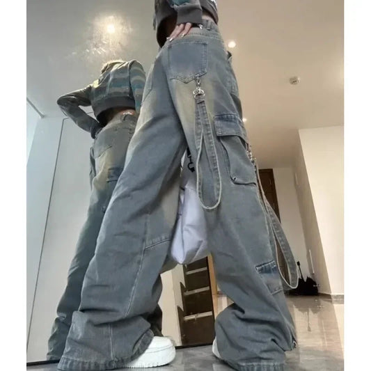 Female Spliced Pockets Cargo Jean Pants