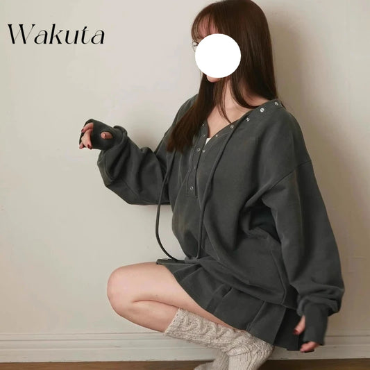 WAKUTA Loose Drawstring Hoodie + Elastic Waist Pleats Mini Skirt 2-piece Set