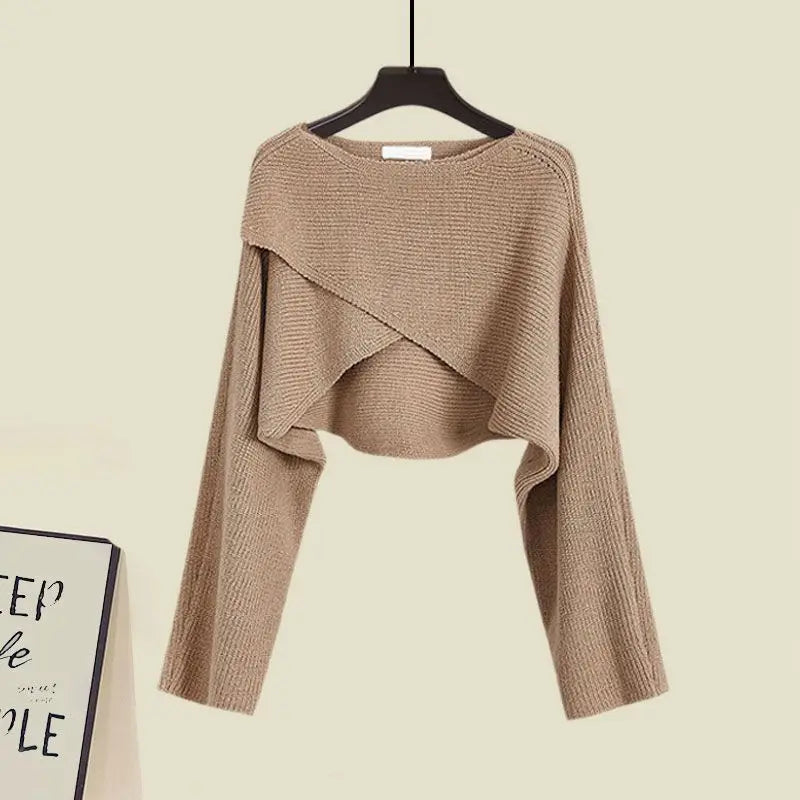2 Pcs Short Knitted Sweater + Irregular Sexy Strap Skirt