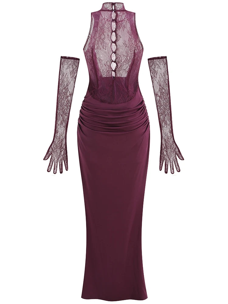 Sexy Lace Patchwork Long Dress With Gloves