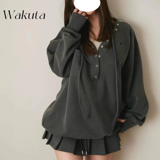 WAKUTA Loose Drawstring Hoodie + Elastic Waist Pleats Mini Skirt 2-piece Set