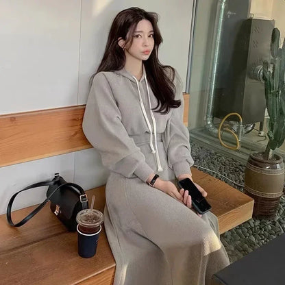 2 Pcs Hooded Long Sleeve Top + High Waisted Long Skirt
