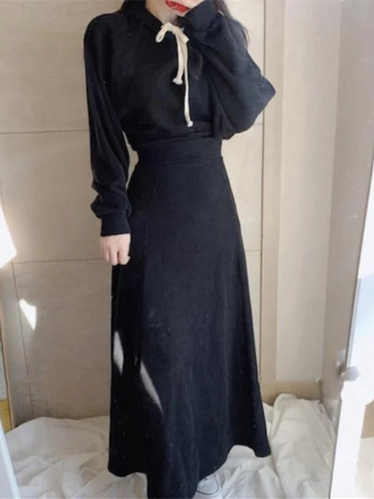 2 Pcs Hooded Long Sleeve Top + High Waisted Long Skirt
