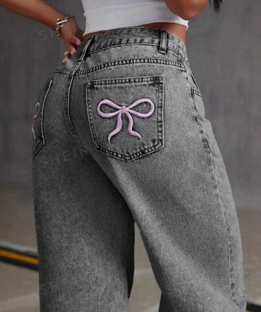 Bow Embroidered Baggy Jeans
