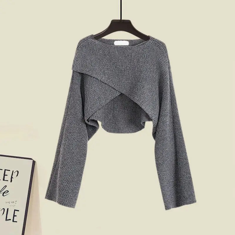 2 Pcs Short Knitted Sweater + Irregular Sexy Strap Skirt