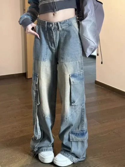 Female Spliced Pockets Cargo Jean Pants