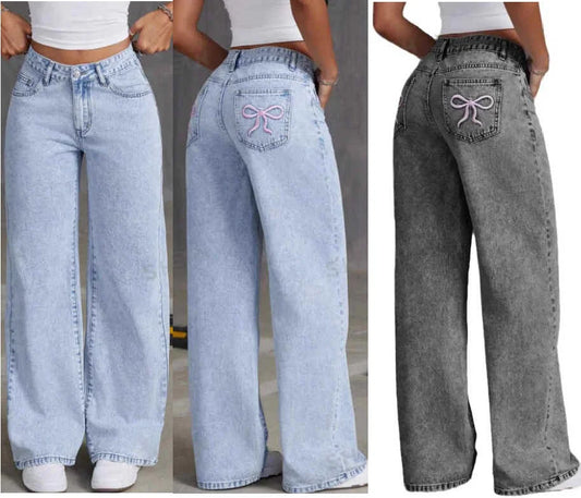 Bow Embroidered Baggy Jeans