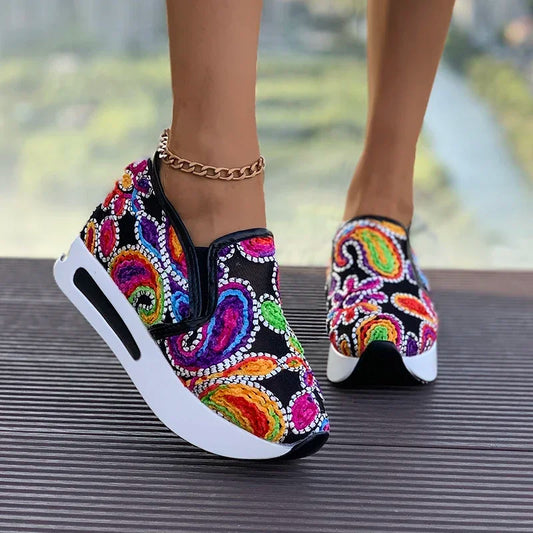 Floral Pattern Embroidery Mesh Platform Sneakers