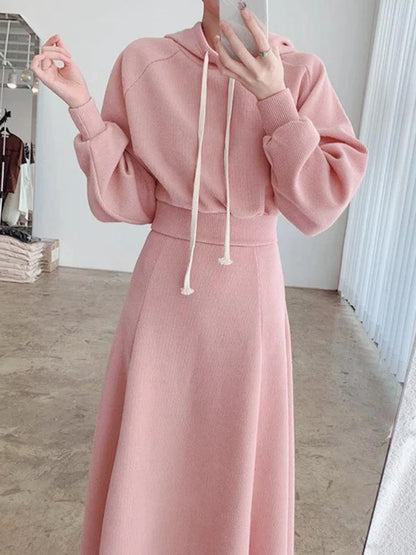 2 Pcs Hooded Long Sleeve Top + High Waisted Long Skirt