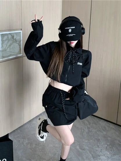 2 Pcs Long Sleeve Zipper Coat + High Waist Bodycon Skirt