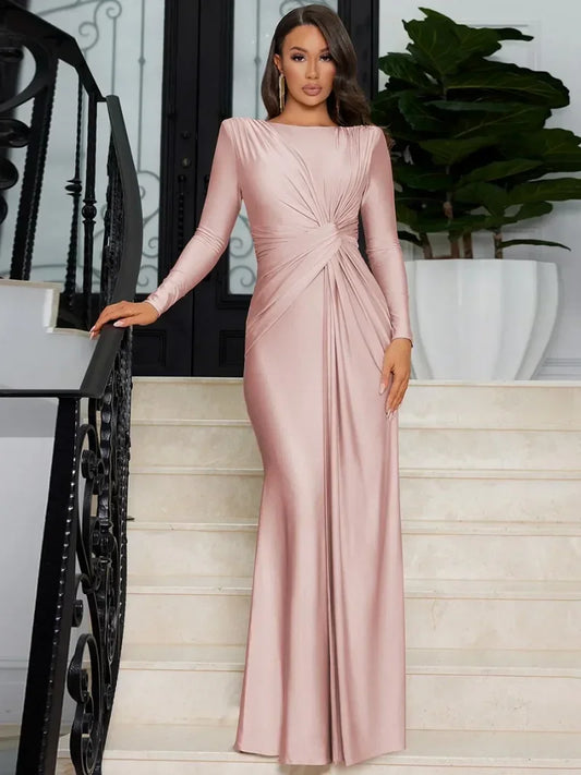 Celebrity Elegant High Waist Folds Long Sleeve Dress