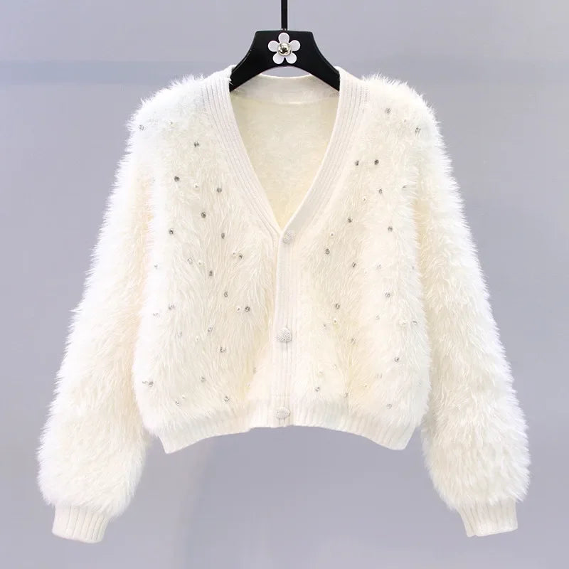 Tweed Style Embellished Mink Sweater Jacket