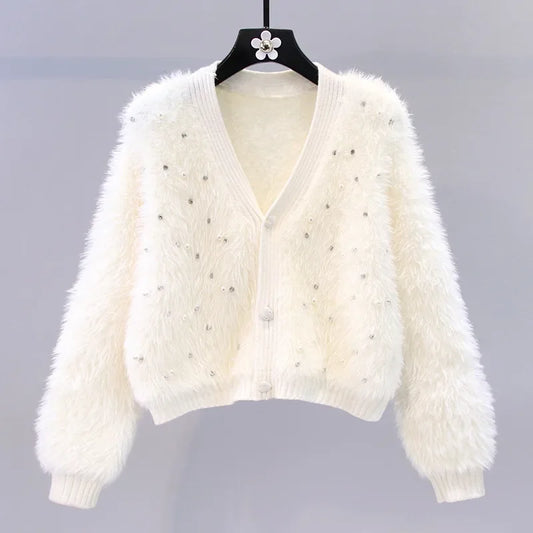 Tweed Style Embellished Mink Sweater Jacket