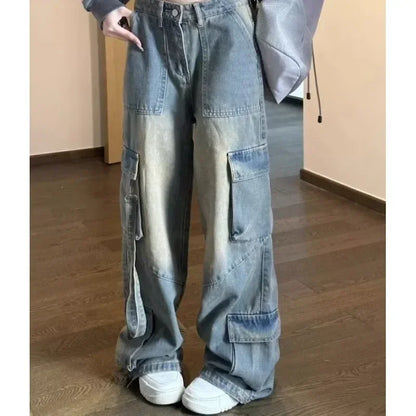 Female Spliced Pockets Cargo Jean Pants
