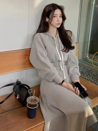 2 Pcs Hooded Long Sleeve Top + High Waisted Long Skirt