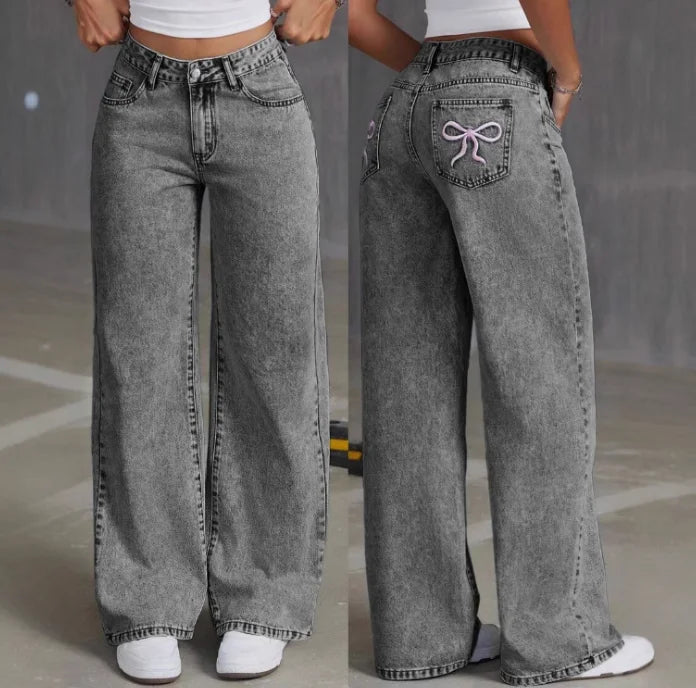 Bow Embroidered Baggy Jeans
