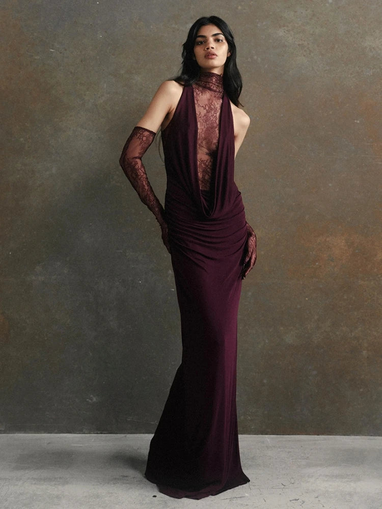 Sexy Lace Patchwork Long Dress With Gloves