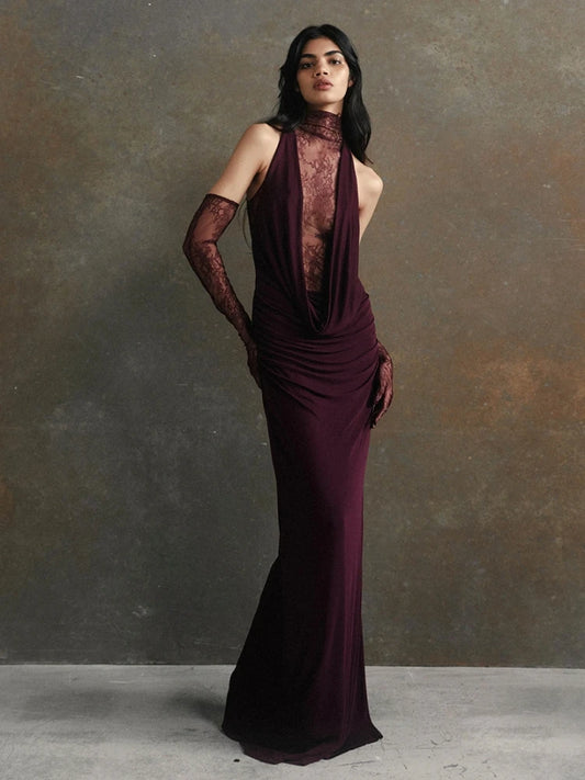 Sexy Lace Patchwork Long Dress With Gloves