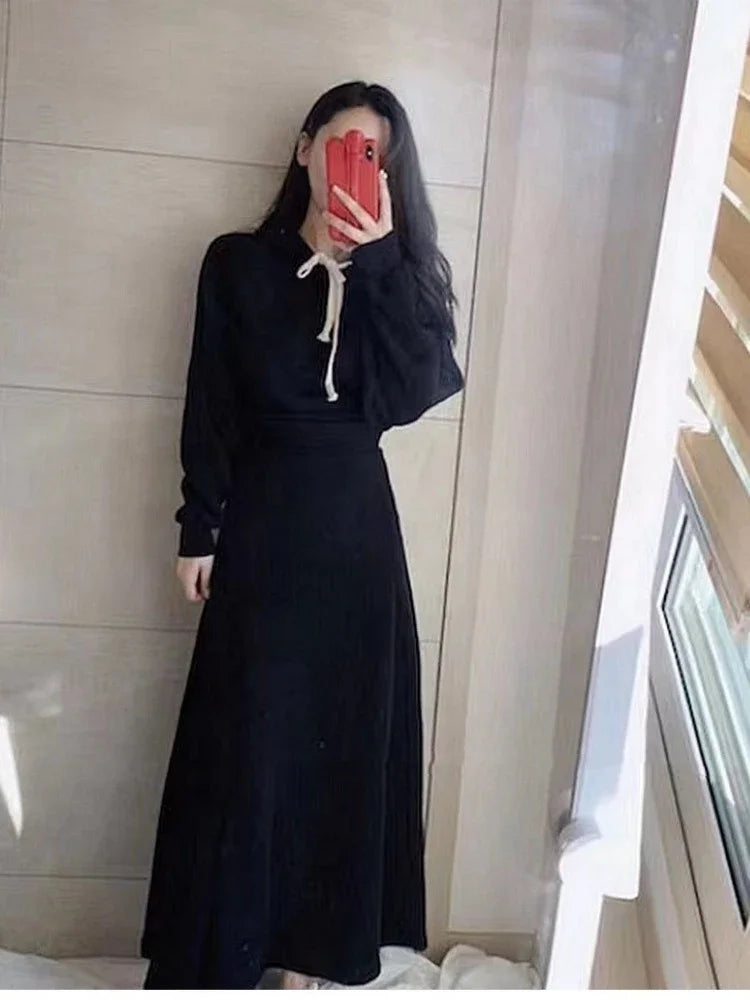 2 Pcs Hooded Long Sleeve Top + High Waisted Long Skirt