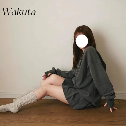 WAKUTA Loose Drawstring Hoodie + Elastic Waist Pleats Mini Skirt 2-piece Set