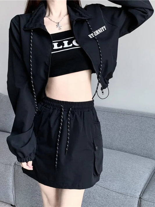 2 Pcs Long Sleeve Zipper Coat + High Waist Bodycon Skirt