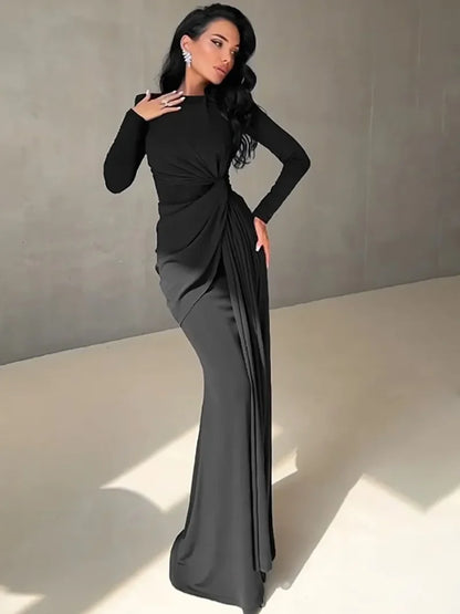 Celebrity Elegant High Waist Folds Long Sleeve Dress