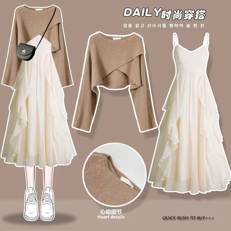 2 Pcs Short Knitted Sweater + Irregular Sexy Strap Skirt