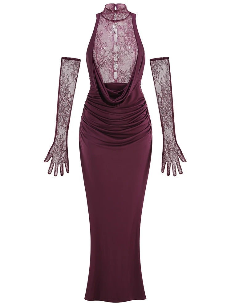 Sexy Lace Patchwork Long Dress With Gloves