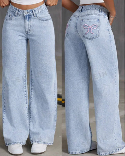 Bow Embroidered Baggy Jeans