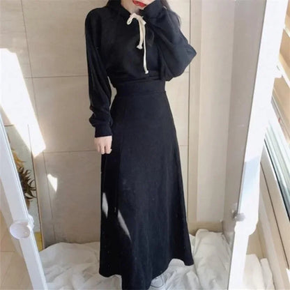 2 Pcs Hooded Long Sleeve Top + High Waisted Long Skirt