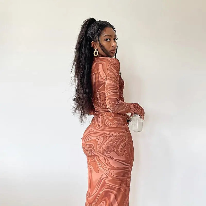Geometric Print Slim Tight Ruched Dress