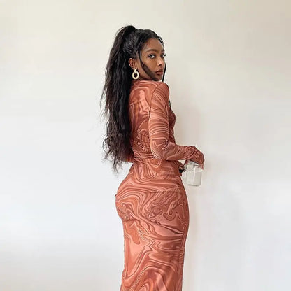 Geometric Print Slim Tight Ruched Dress