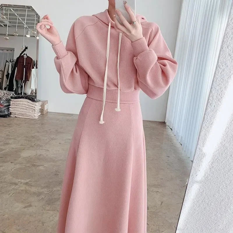 2 Pcs Hooded Long Sleeve Top + High Waisted Long Skirt