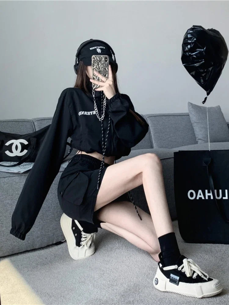 2 Pcs Long Sleeve Zipper Coat + High Waist Bodycon Skirt