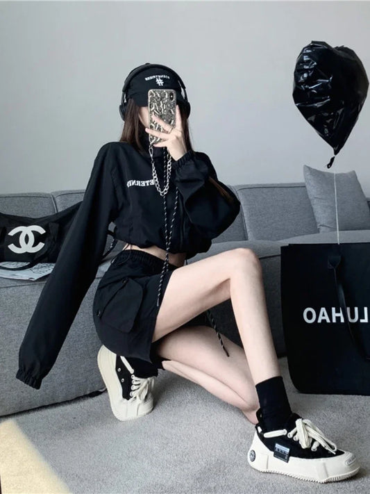 2 Pcs Long Sleeve Zipper Coat + High Waist Bodycon Skirt