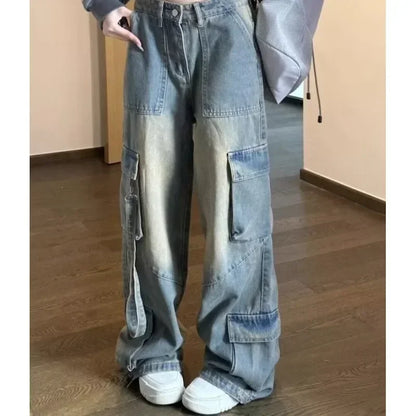 Female Spliced Pockets Cargo Jean Pants