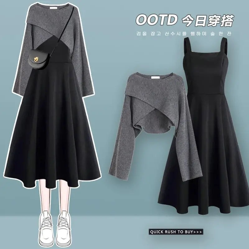 2 Pcs Short Knitted Sweater + Irregular Sexy Strap Skirt