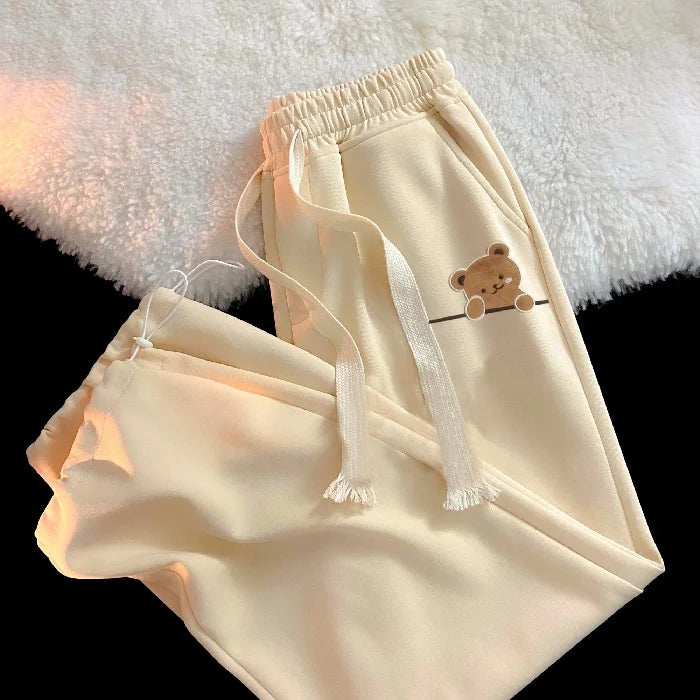 Cute Bear Print Drawstring Casual Pants