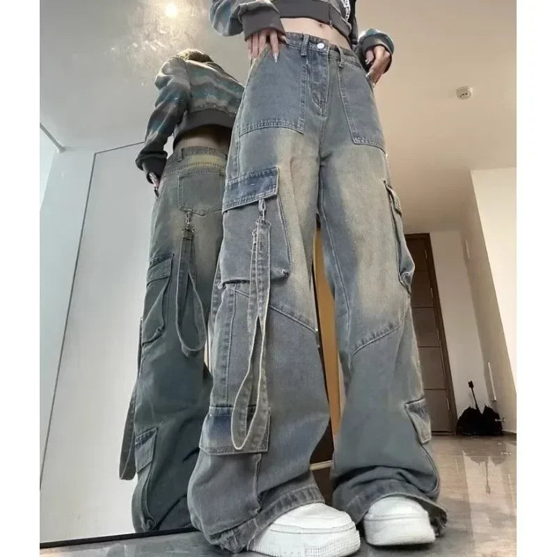 Female Spliced Pockets Cargo Jean Pants