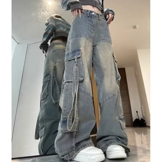 Female Spliced Pockets Cargo Jean Pants
