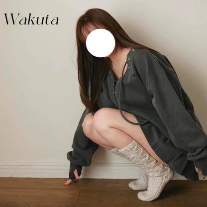 WAKUTA Loose Drawstring Hoodie + Elastic Waist Pleats Mini Skirt 2-piece Set