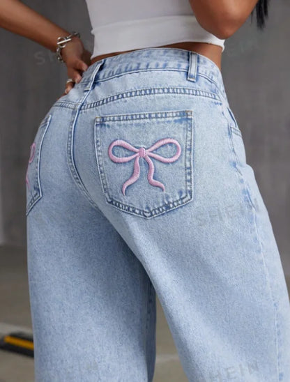 Bow Embroidered Baggy Jeans