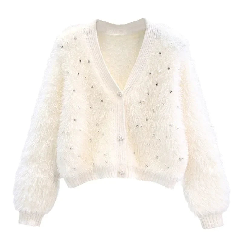 Tweed Style Embellished Mink Sweater Jacket